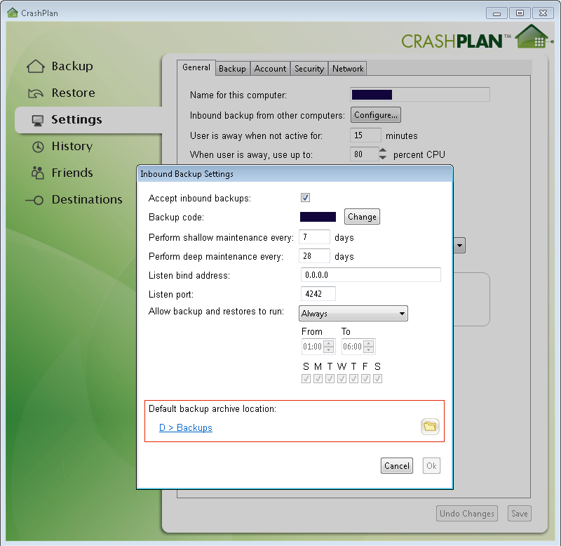 Crashplan server backup location